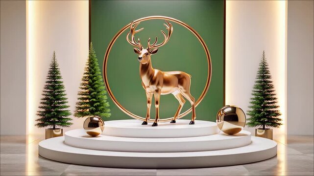 Golden stag statue with antlers displayed on white podiums beside evergreen trees and metallic spheres