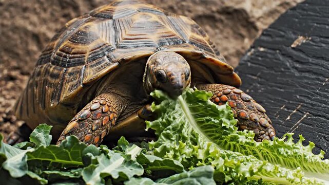Close-up of a tortoise enjoying a fresh meal of green leafy vegetables outdoors in natural light.