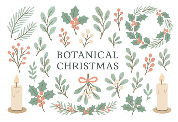Soft Pastel Botanical Christmas Vector Set. Hand-Drawn Holiday Greenery Collection with Holly, Mistletoe, Pine Branches, Berries, Wreath, and Candles.