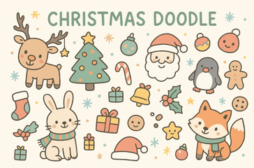 Cute Kawaii Christmas Doodles Vector Set. Adorable Hand-Drawn Holiday Characters Collection with Santa, Reindeer, Polar Bear, Bunny, Fox, and Elf.