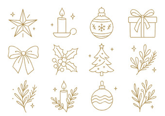 Elegant Christmas Line Art Vector Set. Luxurious Golden Holiday Elements Collection with Ornaments, Bows, Candles, Holly, and Poinsettia.