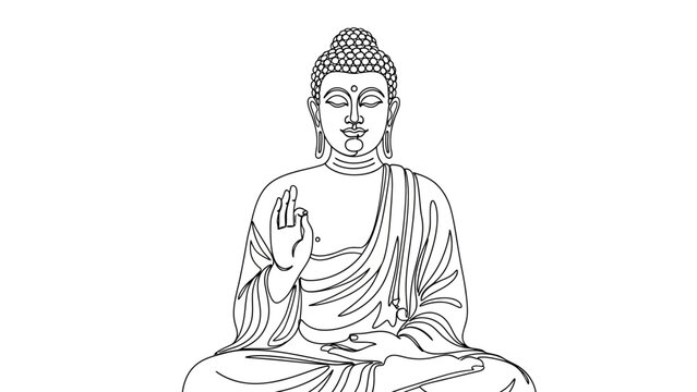 Intricate line drawing of serene seated Buddha displaying mudra gesture