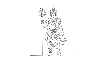 Fototapeta premium Elegant Line Art Illustration of a Mythical Warrior God Holding a Trident and