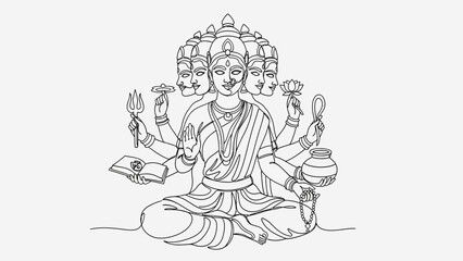 Elegant Line Art Depiction of Multi-armed Deity in Meditation with Symbolic
