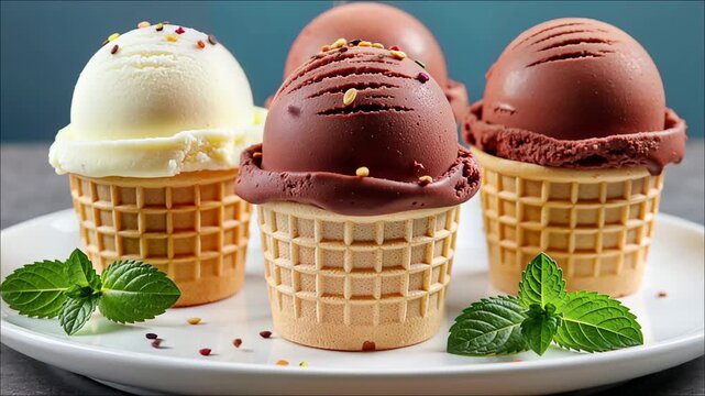 Multiple scoops of vanilla and chocolate ice cream in waffle cones with mint leaves on a plate