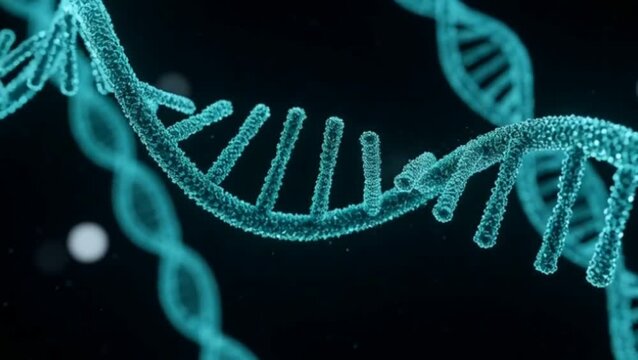 Luminous turquoise dna helix rotating in deep scientific space
