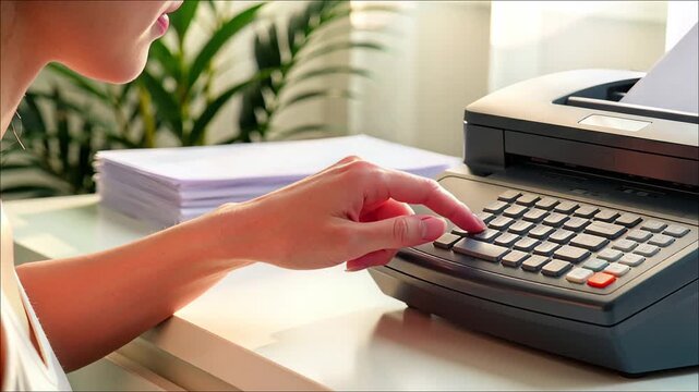 Close up on a person's hand near a fax machine with a large stack of white paper documents