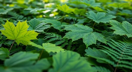 Close-up view of a vibrant array of lush green leaves, including maple and fern foliage, displaying intricate patterns and textures.