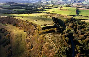 NW over Abbotsbury Castle Iron Age hillfort on Wears Hill near Dorchester, Dorset overlooking English Channel. Stronghold of Durotriges tribe