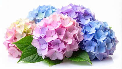 Colorful Hydrangea Blossom Arrangement with Pink Purple Blue and Green Foliage