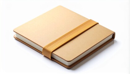 Tan Square Notebook with Elastic Band on White Background in Studio