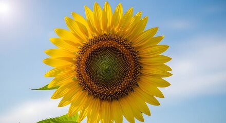 Fototapeta premium Radiant Sunflower Against Clear Blue Sky Symbol of Summer Joy Agriculture: Vibrant Bloom Golden Petals Sunny Day Field Beauty Sunshine