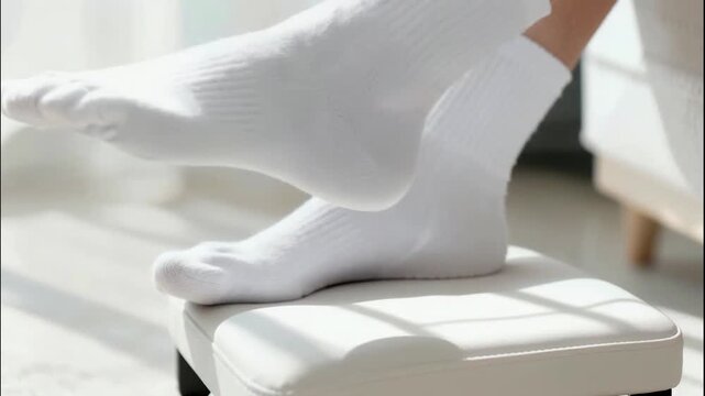 Close up of a person's feet wearing white socks, gently moving toes on a stool