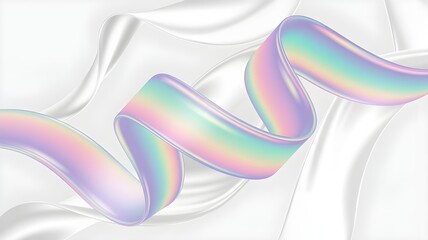 Holographic iridescent ribbon swirl on white satin fabric background abstract design