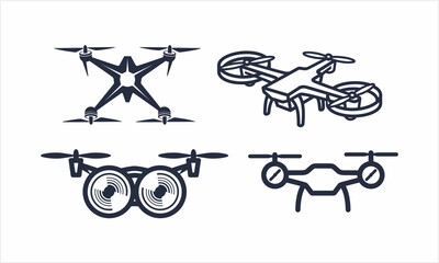 Set of four distinct drone illustrations showcasing various designs and aerial technology.