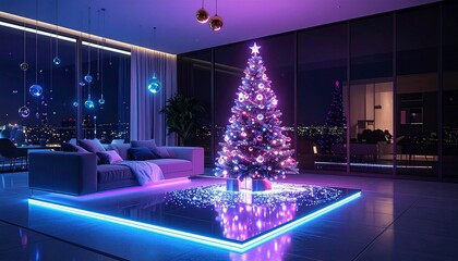 Festive Christmas Tree Lit With Colorful Lights Inside Modern Living Room at Night