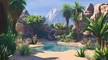 Fototapeta premium Desert oasis with pool and lush vegetation. Tranquil scene featuring a secluded pool surrounded by palm trees, rocks, and various desert plants. A mountain backdrop completes the idyllic landscape