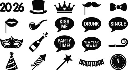 Photo booth props and party mask silhouette icon set. Happy new year 2026 glasses, funny speech bubble, crown, mustache, and red lips symbols for selfie photography event vector collection design.  © ArtMint
