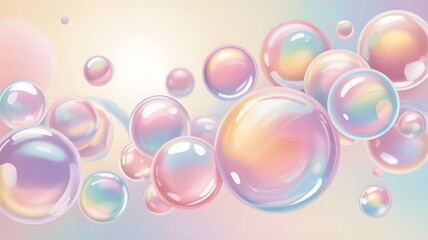 Iridescent soap bubbles floating in soft pastel light
