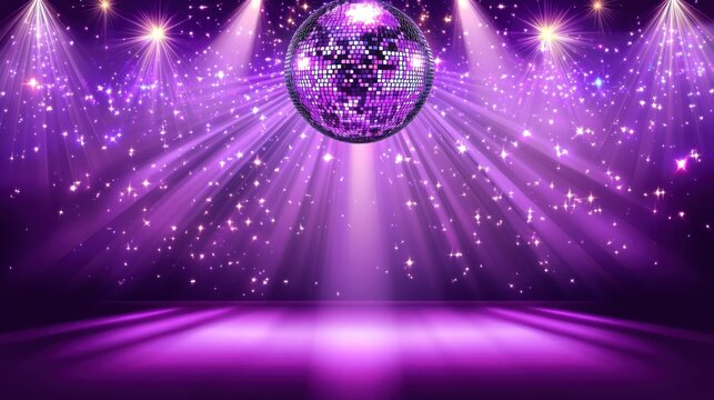Purple disco stage with spotlights and glitter