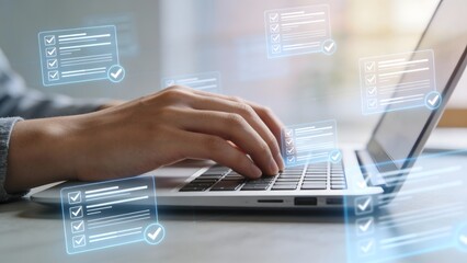 Hands typing on laptop with digital checklists