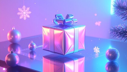 Festive Gift Box Surrounded By Ornaments And Snowflakes In Neon Lighting On Mirror Surface