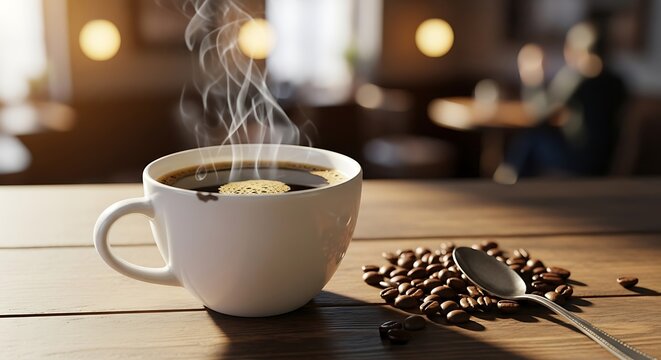 Steaming hot dark beverage rests on a wooden surface beside roasted beans and a spoon - Powered by Adobe