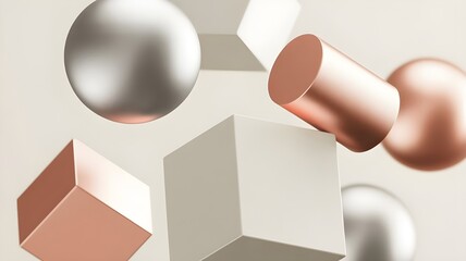 Abstract 3d geometric shapes composition with metallic and matte finishes