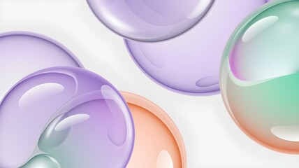 Abstract composition of colorful, translucent soap bubbles or spheres with soft reflections and shadows against a light background