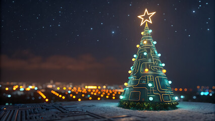 A unique christmas tree of glowing circuit board elements, topped with a star, under a starry night sky, with a bokeh city skyline