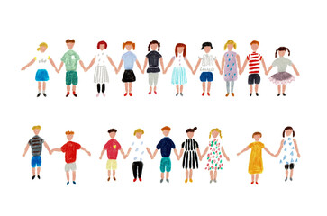  手描きイラスト　手をつなぐたくさんの女の子と男の子たち