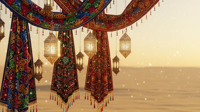 Rann Utsav banner with colorful Gujarati toran embroidered fabrics and glowing desert lanterns on beige gold