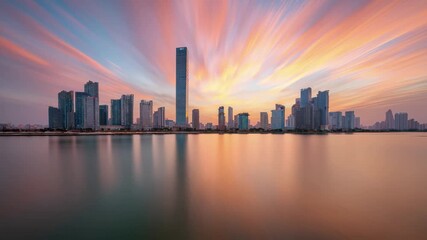 Dynamic skyline with stunning sunset light streaks across the sky, perfect for travel, real estate, or urban development promotions - Powered by Adobe