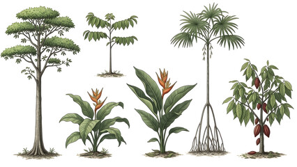 Obraz premium Collection of tropical plants and trees with cocoa pods jungle rainforest