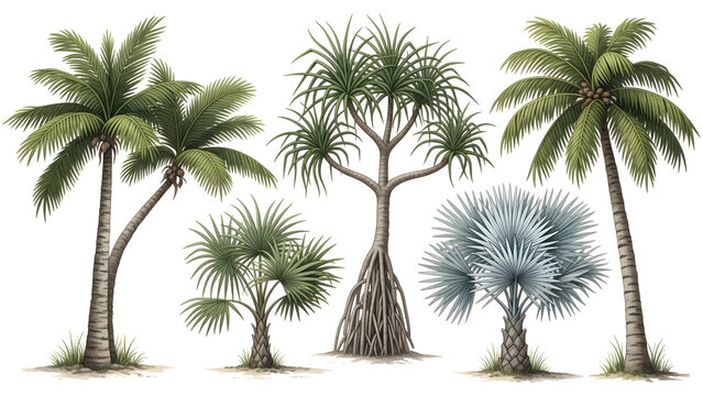 Collection of diverse tropical palm trees on white background coconut palm pandanus