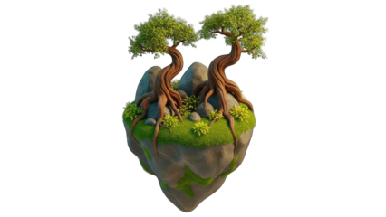 Floating Island with Trees and Greenery on White Background