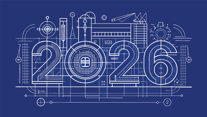 Ultra Modern Blueprint Style 2026 Banner with Technical Lines, Engineering Grid, and Futuristic Vector Illustration Design