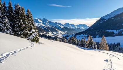 Sunny winter day reveals a snowy mountain valley landscape
