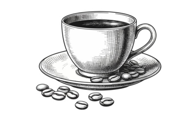 Vintage Monochrome Coffee Cup Illustration with Scattered Coffee Beans – Hand-Engraved Style