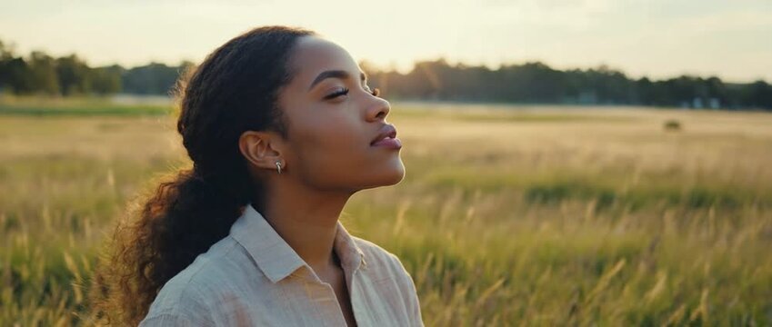 Serene Moment in Nature's Embrace: A person experiences tranquility while basking in the golden glow of a sunset. The gentle breeze rustles through the fields, creating a scene of peacefulness.