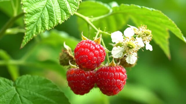 Ripe raspberries on the branch with flowers in a garden setting.