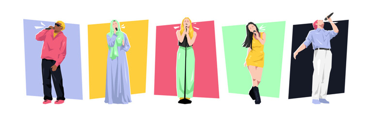 Set of cartoon male and female singer performing with microphone. Flat vector illustration.