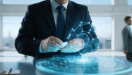 Businessman interacting with futuristic digital interface - Powered by Adobe