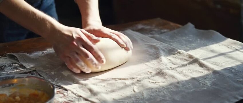 Artisan's Touch: A close-up shot captures the skillful hands of a baker kneading dough on a rustic linen cloth. Sunlight streams in, illuminating the scene of culinary creation.
