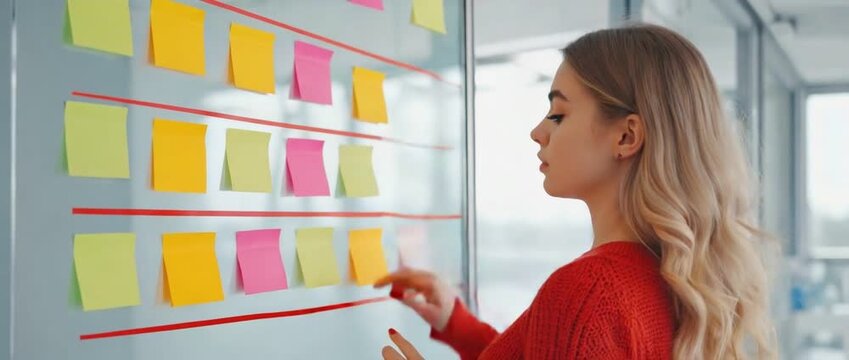 Brainstorming the Strategy: A focused woman carefully reviews and organizes colorful sticky notes affixed to a transparent surface, meticulously planning and strategizing her next steps.