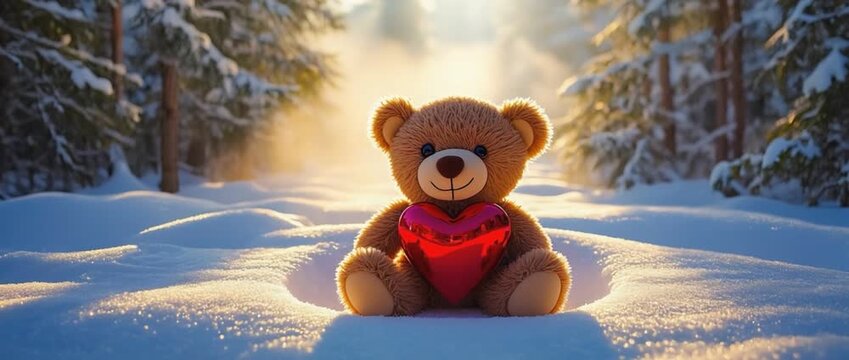 Teddy Bear's Heartfelt Embrace: A cuddly teddy bear sits serenely amidst a snowy, winter wonderland, cradling a bright heart, evoking feelings of love and warmth. 