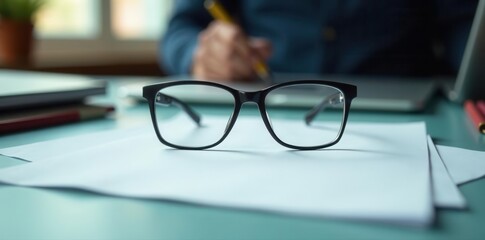 Eyeglasses, blank paper, call center agent's workspace, professional, paper, solution