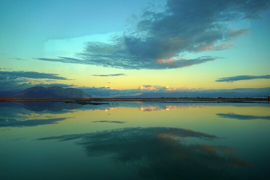 View of the Mesolongi lagoon at sunset, in Western Greece
