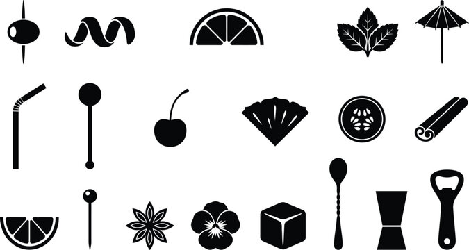 Cocktail garnish and bartender tool silhouette icon set. Drink decoration symbols including lemon slice, mint leaf, ice cube, cherry, and olive with jigger and spoon for alcohol bar menu vector kit.
