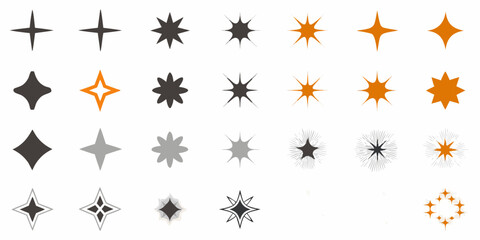 Variety of starburst and sparkling star shapes in grayscale and orange hues